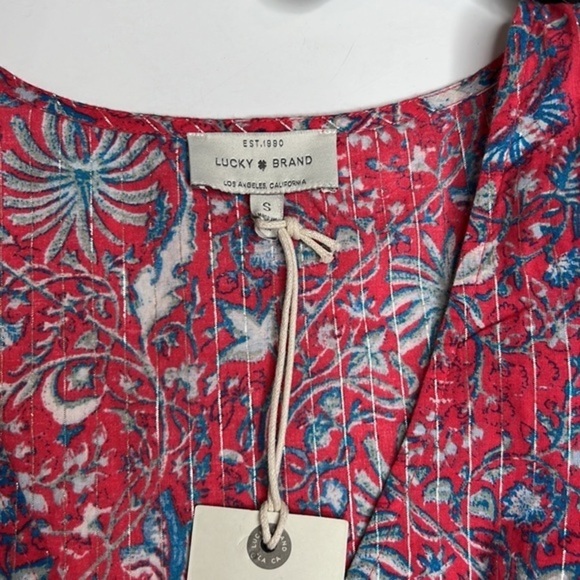LUCKY BRAND Women’s Floral Red Blue Cold Shoulder Baby Doll Top Sz S - Picture 9 of 11